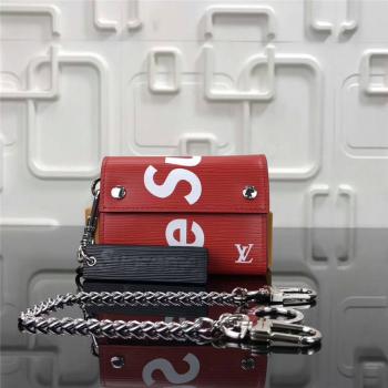Louis Vuitton LV男女通用短款钱包Epi水波纹皮革Supreme联名合作款钥匙包M64212红色