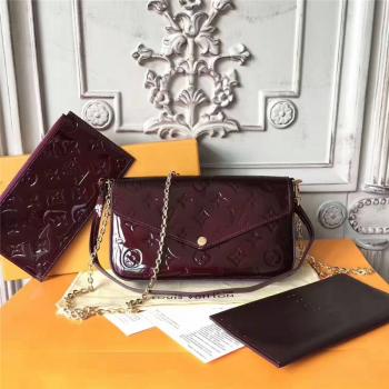 Louis Vuitton LV官网女包Monogram Vernis系列POCHETTE FELICIE漆皮三件套手袋M61267紫红色