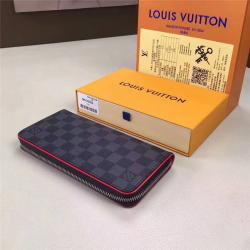 Louis Vuitton LV香港中文版官网男士长款钱包Damier Graphite ZIPPY拉链竖款钱夹N63304酒红色