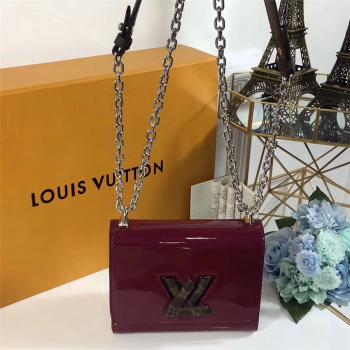 Louis Vuitton LV中文版官网女包漆面牛皮拼老花LOGO TWIST小号手袋单肩包M54730嫣紫色