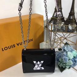 Louis Vuitton LV中文版官网女包漆面牛皮拼老花LOGO TWIST小号手袋单肩包M54243黑色