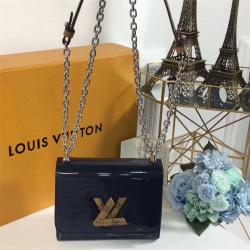 Louis Vuitton LV中文版官网女包漆面牛皮拼老花LOGO TWIST小号手袋单肩包M54730蓝色