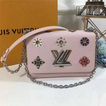 Louis Vuitton LV官网原单女包Monogram花束图案铆钉TWIST中号手袋M54219芭蕾粉