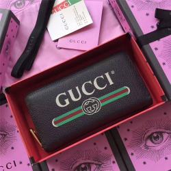 Gucci/古奇中文官网原单女士长款钱包新款LOGO印花时尚真皮拉链钱夹496317黑色