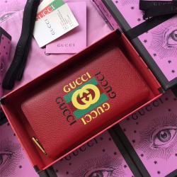 Gucci/古奇中文官网原单女士长款钱包新款LOGO印花时尚真皮拉链钱夹496317红色