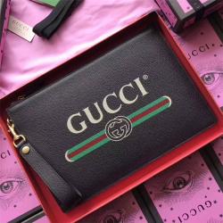 Gucci/古奇中文官网原单男女通用手拿包新款LOGO印花时尚真皮手袋495011黑色