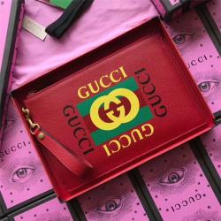 Gucci/古奇中文官网原单男女通用手拿包新款LOGO印花时尚真皮手袋495011红色