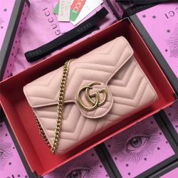 Gucci/古奇中文官网原单女包新款全皮GG Marmont系列绗缝迷你手袋474575粉色
