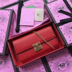 Gucci/古奇官网原单女包新款全皮Padlock系列长款皮夹链条包453506红色
