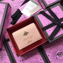 Gucci/古奇官网原单女士短款钱包金属小蜜蜂字母Animalier卡片夹460185浅粉色