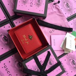 Gucci/古奇官网原单女士短款钱包金属小蜜蜂字母Animalier卡片夹460185红色
