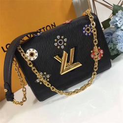 Louis Vuitton LV官网原单女包Monogram花束图案铆钉TWIST中号手袋M54217黑色