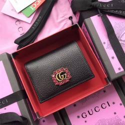 Gucci/古奇中文官网原单女士短款钱包双G和水晶装饰皮革卡片夹499783