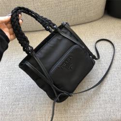 PRADA普拉达官方网站女包新款亚光黑色LOGO尼龙编织手提包购物袋