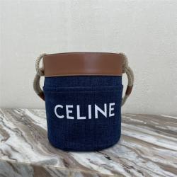 Celine官网赛琳包包BUCKET 海军蓝牛仔布料和牛皮革水桶包196272