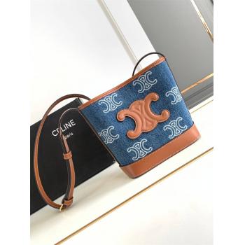 Celine思琳正品官网10L433 CUIR TRIOMPHE迷你牛仔布水桶包