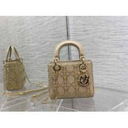 迪奥美国官网DIOR Lady限量金色珠子刺绣款三格戴妃包